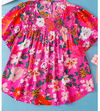 Bright Pink Floral Flounce Sleeve Smocked Blouse