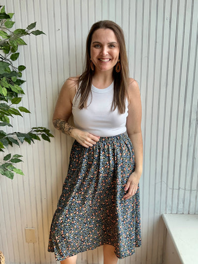 Black & Blue Mixed Floral Midi Skirt