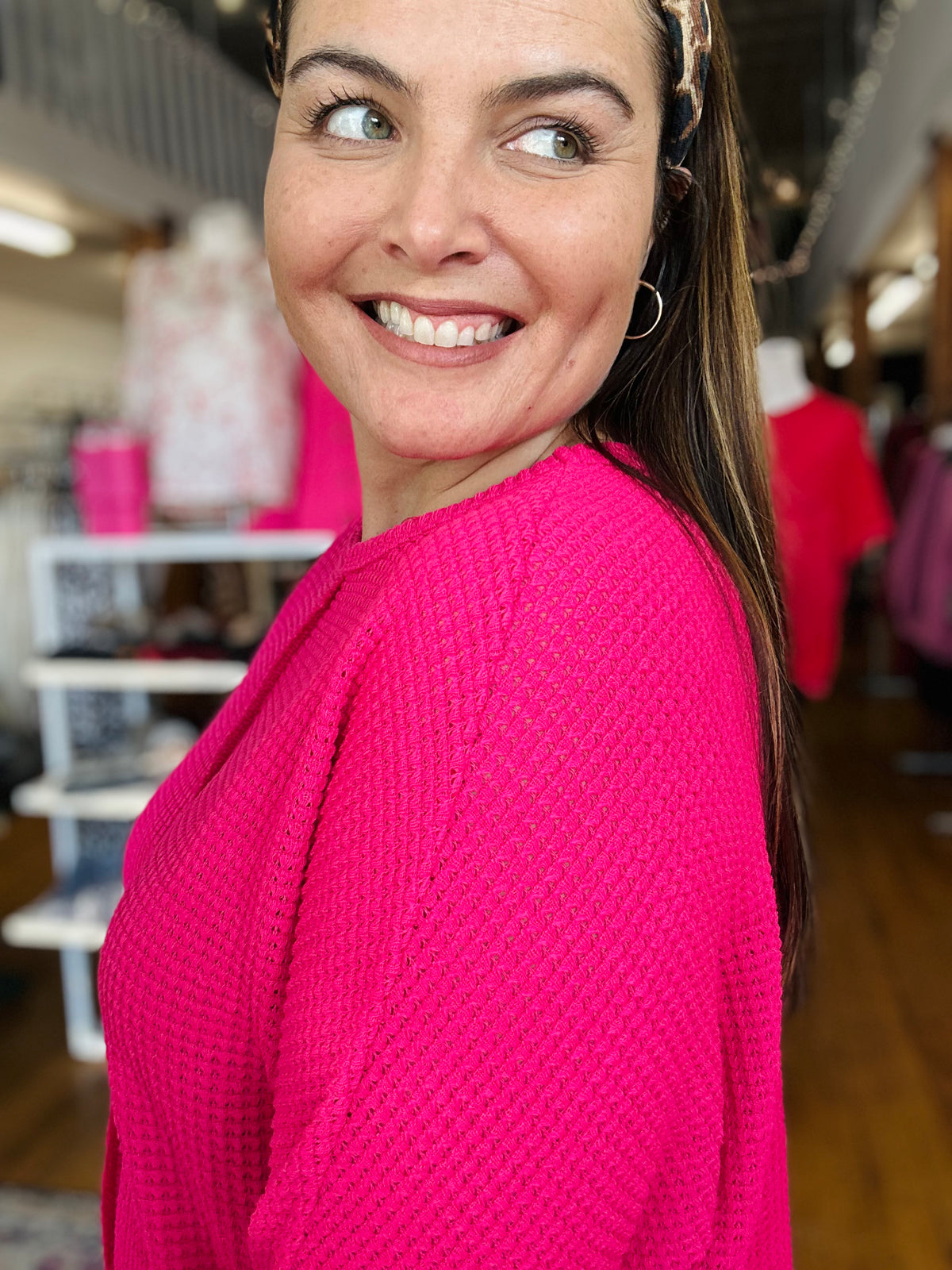 Hot Pink Center Seam Waffle Knit Top - Plus