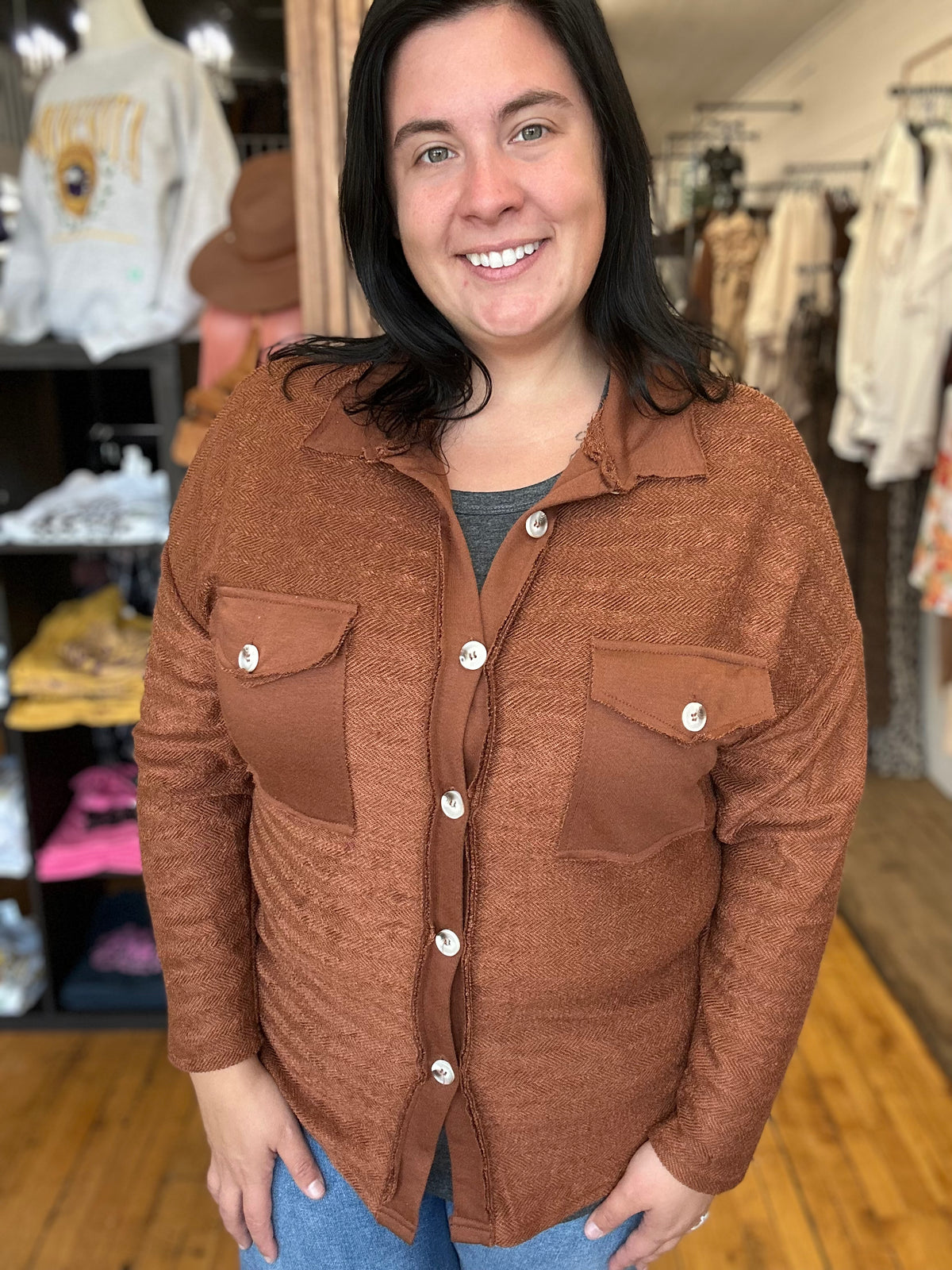 Brown Solid Color Textured Button Up Shacket with Pockets
