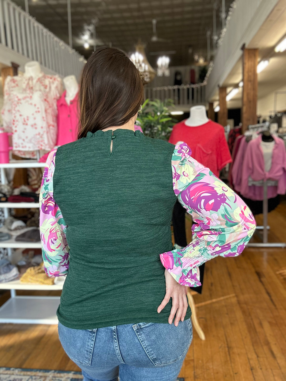 Hunter Green with Floral Sleeve Long Sleeve Top