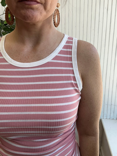 Pink & White Striped Ribbed Slim Fit Tank