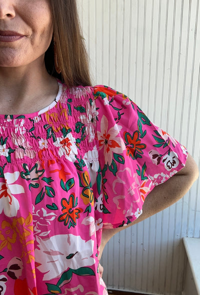 Bright Pink Floral Flounce Sleeve Smocked Blouse