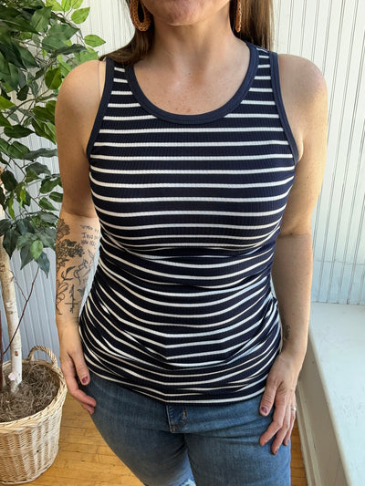 Navy & White Striped Ribbed Slim Fit Tank