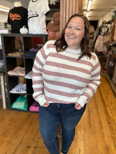 Mauve Striped Colorblock Long Sleeve Casual Sweater - Plus