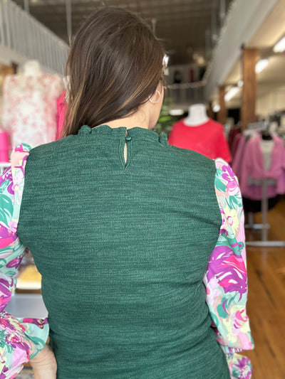 Hunter Green with Floral Sleeve Long Sleeve Top