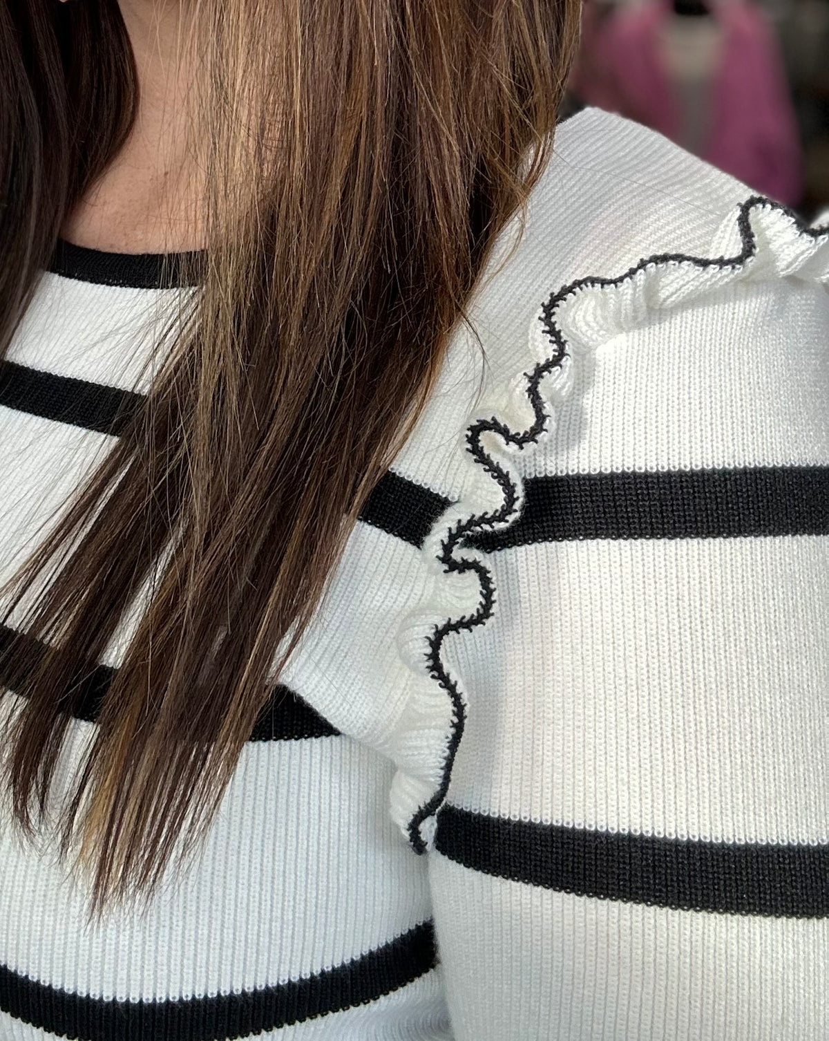 Ivory & Black Ruffle Detail Slim Fit Sweater
