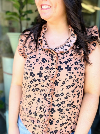 Brown Floral Print Casual Frilled Sleeveless Shirt