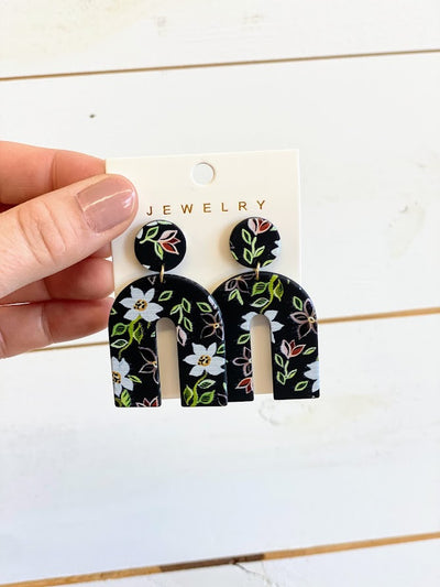 Black Floral Polymer Clay Earrings