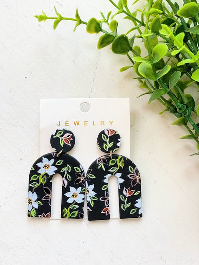 Black Floral Clay Earrings