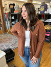 Brown Solid Color Textured Button Up Shacket with Pockets - Plus