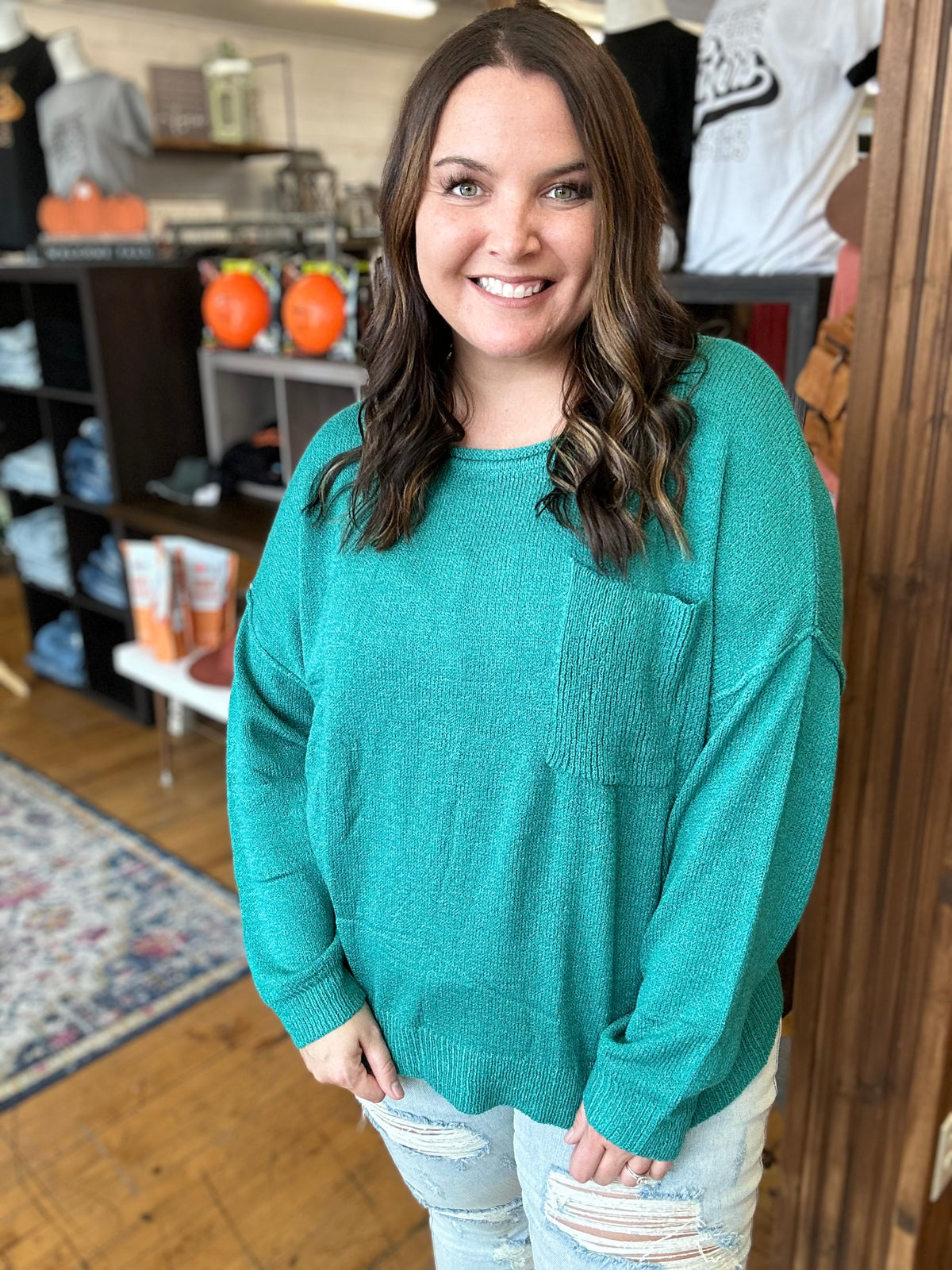 Teal Sweater with Pocket - Plus