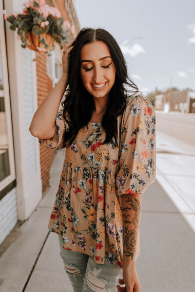 Taupe Floral 3/4 Sleeve Blouse