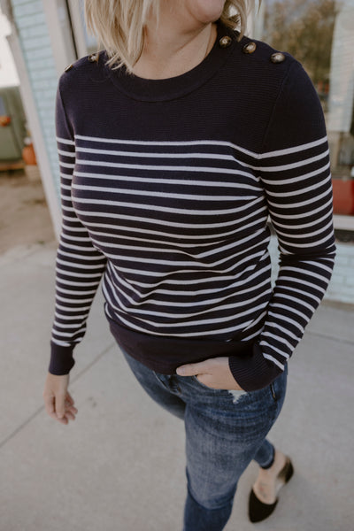 Navy & Ivory Striped Button Detail Sweater