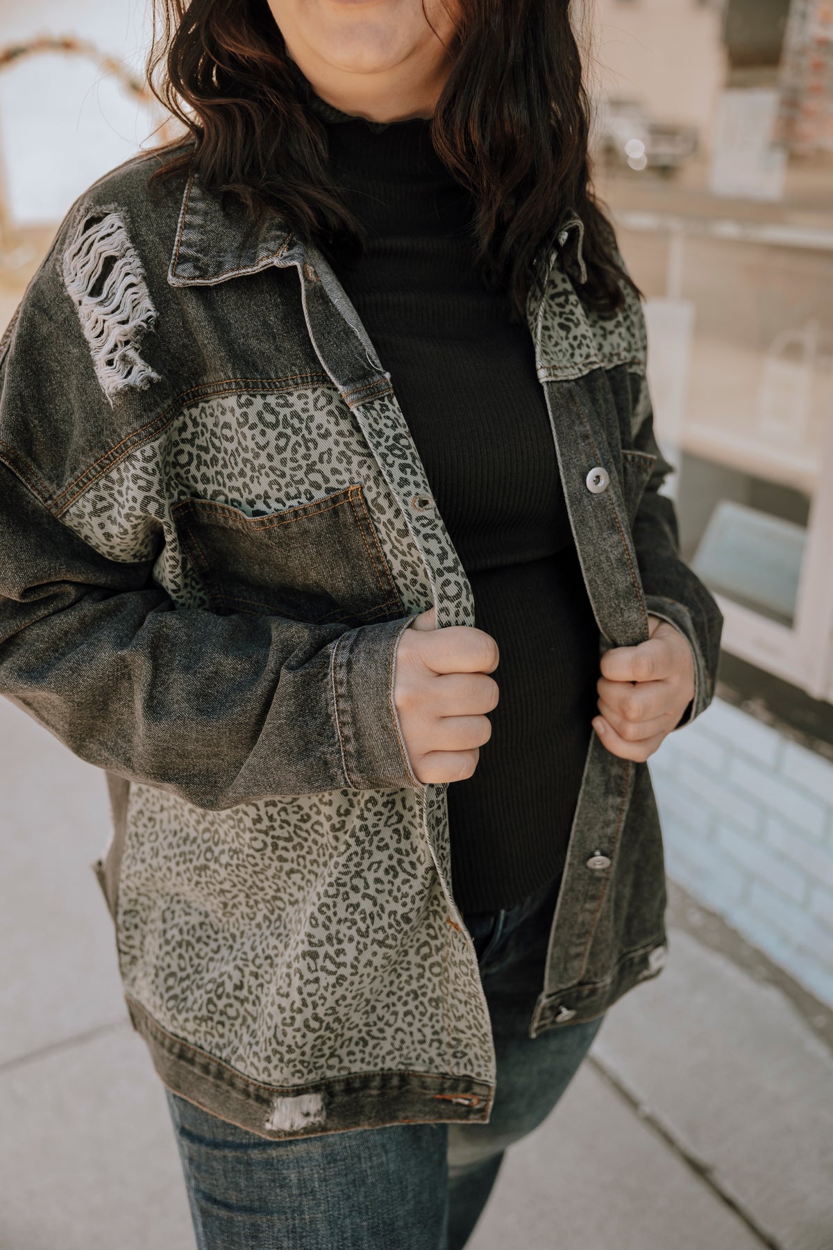 Black Distressed Colorblock Leopard Denim Jacket