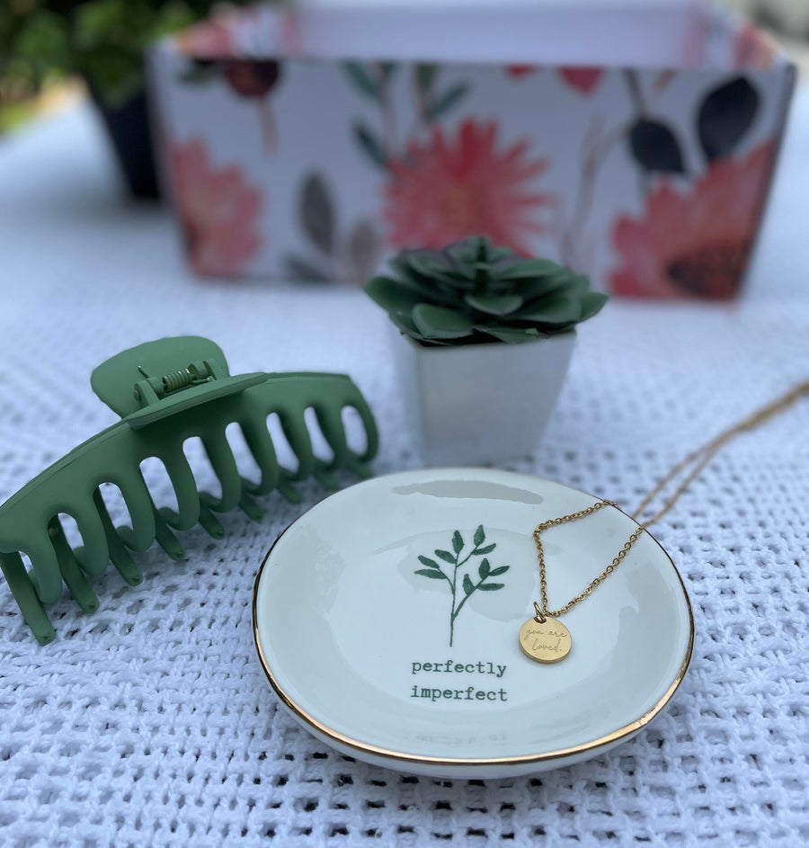Perfectly Imperfect Trinket Tray Gift Box Mini, Engraved Floral Necklace, Birthday Gift, Gift for Her, Spa, Self Care, BFF, Thinking of You
